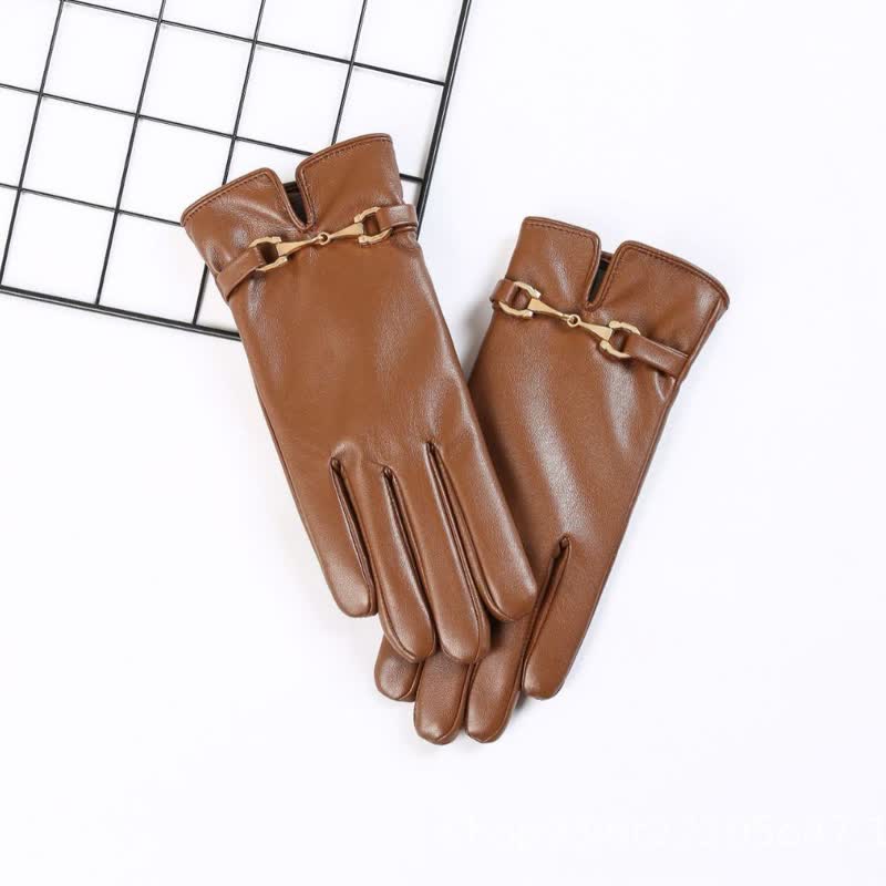 Women's Metal Decor Warm Velvet PU Leather Gloves - image 3