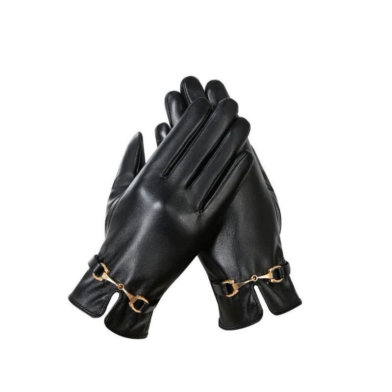 Women's Metal Decor Warm Velvet PU Leather Gloves - Black - image 4