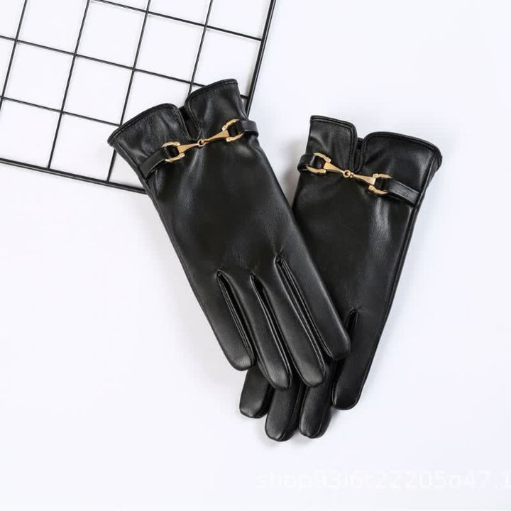 Women's Metal Decor Warm Velvet PU Leather Gloves - image 6