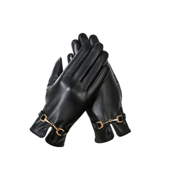 Women's Metal Decor Warm Velvet PU Leather Gloves - Black - image 4