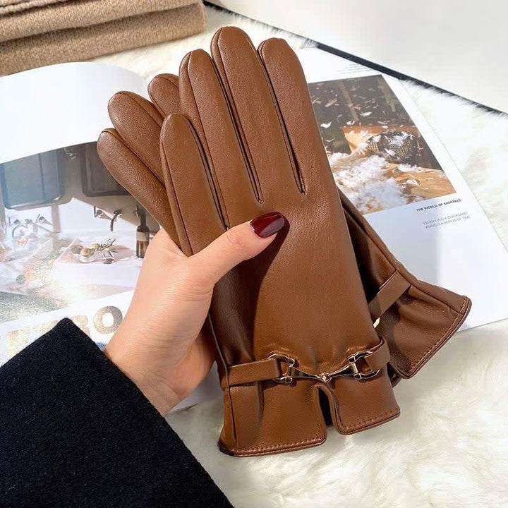 Women's Metal Decor Warm Velvet PU Leather Gloves - image 2