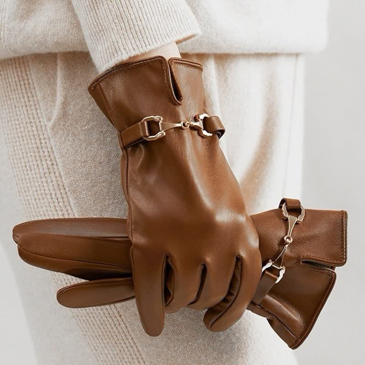 Women's Metal Decor Warm Velvet PU Leather Gloves - Brown - image 0
