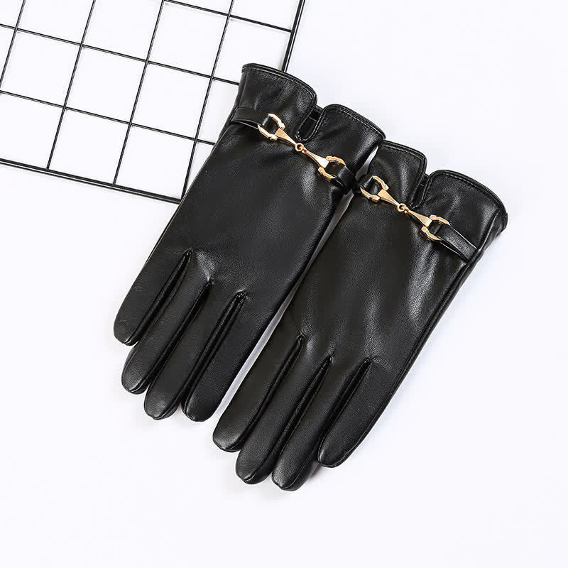 Women's Metal Decor Warm Velvet PU Leather Gloves - image 7