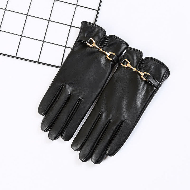Women's Metal Decor Warm Velvet PU Leather Gloves - image 7