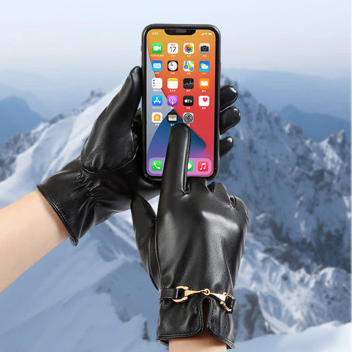 Women's Metal Decor Warm Velvet PU Leather Gloves - image 5