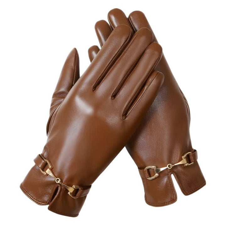 Women's Metal Decor Warm Velvet PU Leather Gloves - image 1