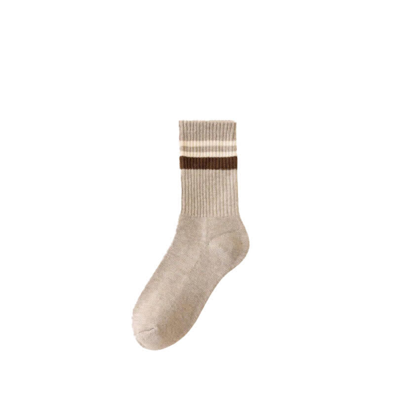 Classic Stripe Thicken Crew Socks - Khaki - 6 Pairs - One Size (US 6 - US 10) - image 3