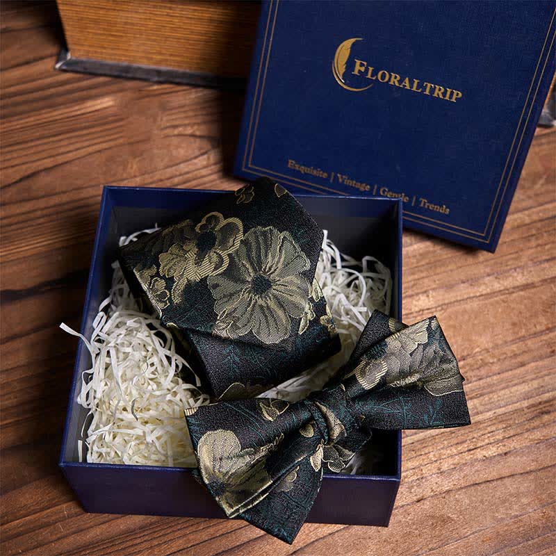 Night Dark Green Floral Necktie & Bow Tie Bundle Set - image 1