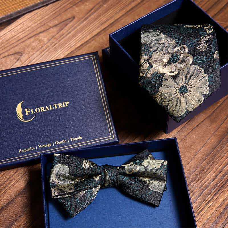 Night Dark Green Floral Necktie & Bow Tie Bundle Set - Bundle Set - image 0