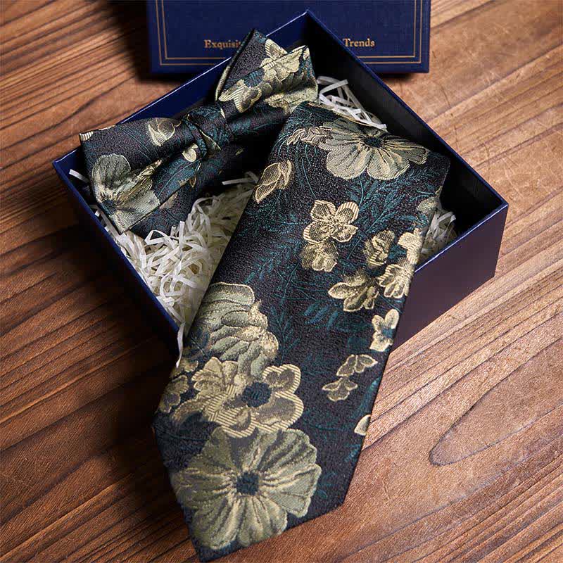 Night Dark Green Floral Necktie & Bow Tie Bundle Set - image 2