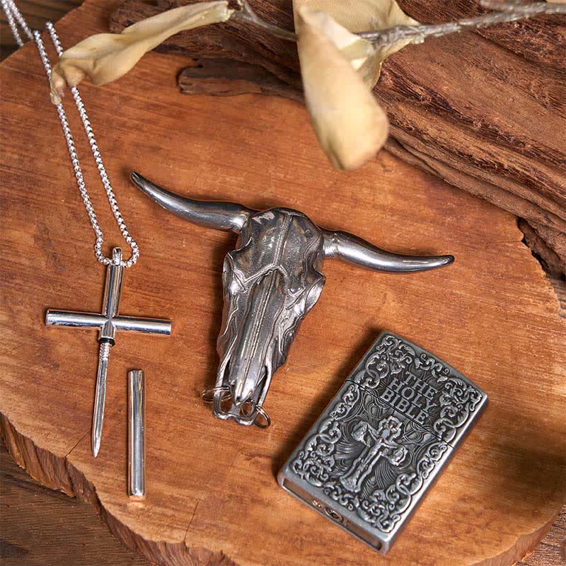 Holy Bible Lighter Longhorn Bull Pendant Cross Necklace Bundle Set  - image 2