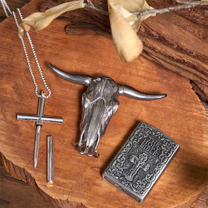 Holy Bible Lighter Longhorn Bull Pendant Cross Necklace Bundle Set  - image 2