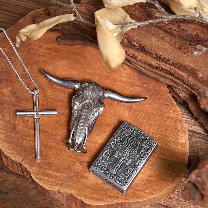 Holy Bible Lighter Longhorn Bull Pendant Cross Necklace Bundle Set  - image 1