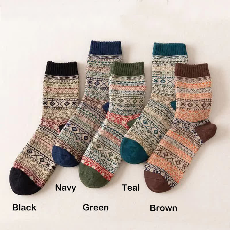 Men's Ethnic Style  Small Diamond Pattern Crew Socks - Brown - 6 Pairs - One Size (US 6.5 - US 10) - image 2