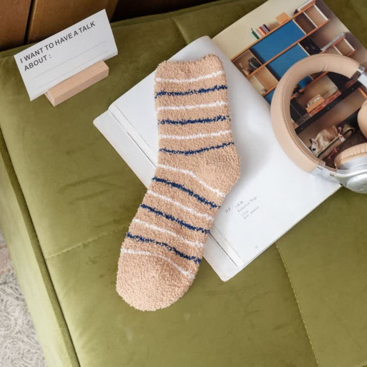 Men's White Stripes Fuzzy Coral Fleece Sleep Crew Socks - Khaki - 6 Pairs - One Size (US 6.5 - US 10) - image 2