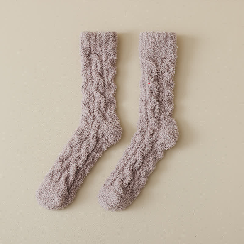 Solid Color Twisted Fuzzy Coral Fleece Sleep Crew Socks - Dark Khaki - 6 Pairs - One Size (US 6 - US 10) - image 13