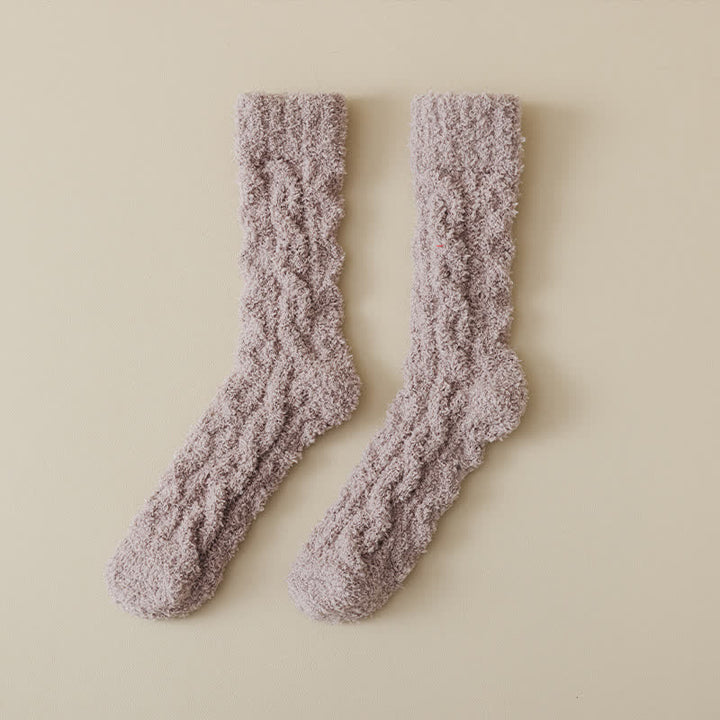 Solid Color Twisted Fuzzy Coral Fleece Sleep Crew Socks - Dark Khaki - 6 Pairs - One Size (US 6 - US 10) - image 13