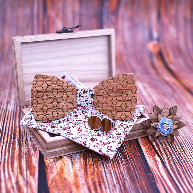 4Pcs Men's Geometric Carving Wooden Bow Tie Set - image 1