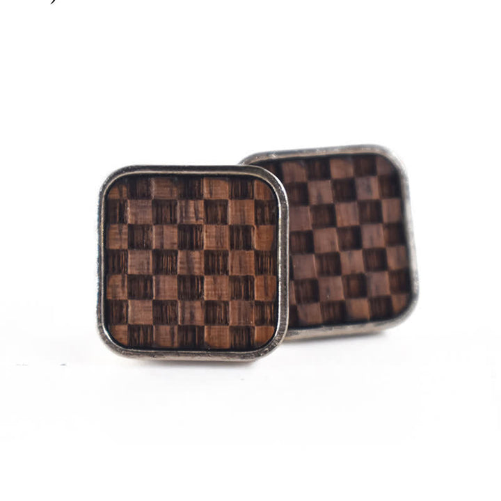 Men's Darkened Small Checkerboard Squares Wooden Cufflinks - Black Wood - image 0