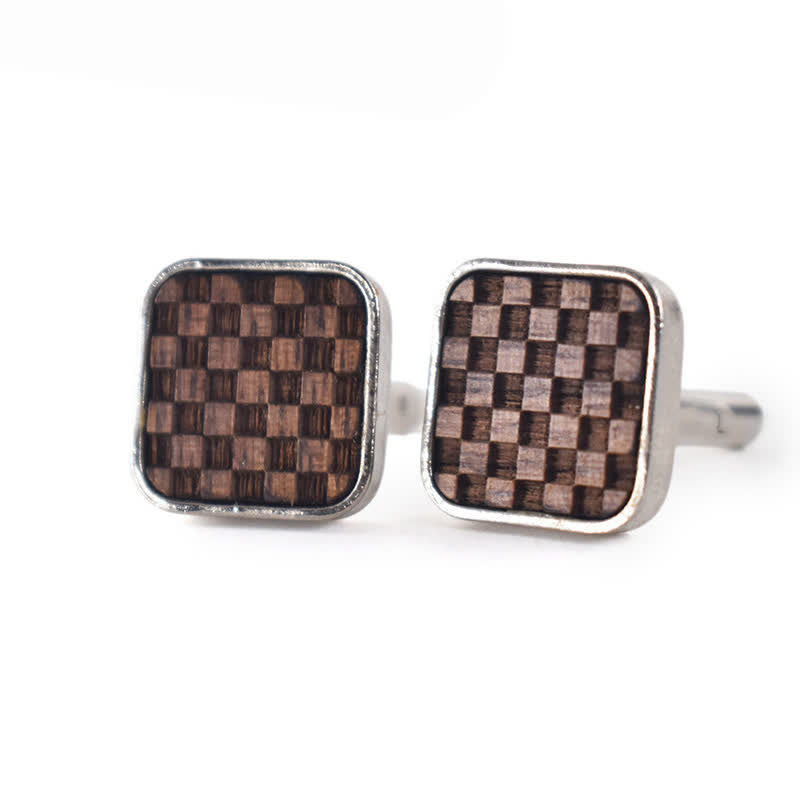 Men's Darkened Small Checkerboard Squares Wooden Cufflinks - image 3