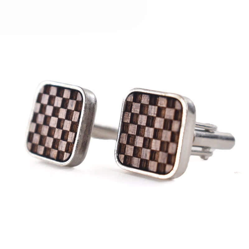 Men's Darkened Small Checkerboard Squares Wooden Cufflinks - image 4
