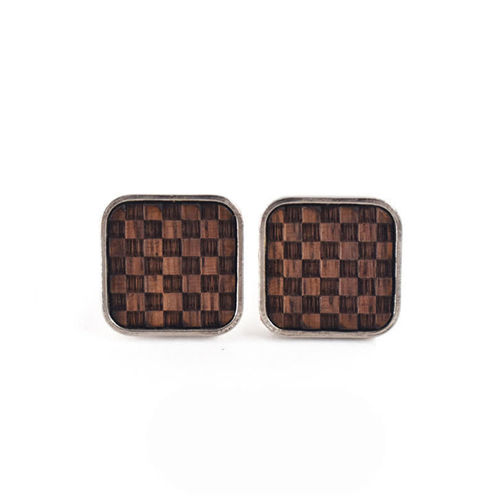 Men's Darkened Small Checkerboard Squares Wooden Cufflinks - image 2