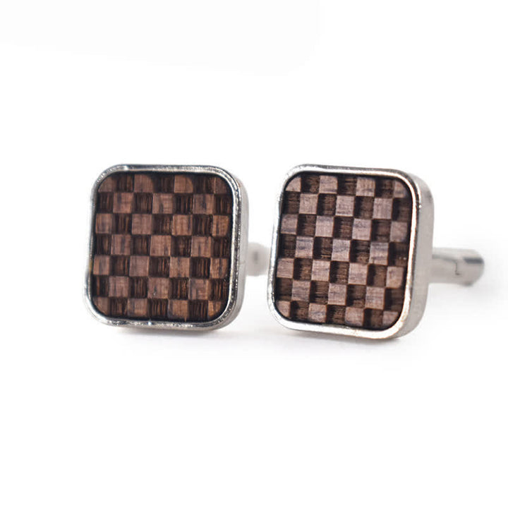 Men's Darkened Small Checkerboard Squares Wooden Cufflinks - image 3