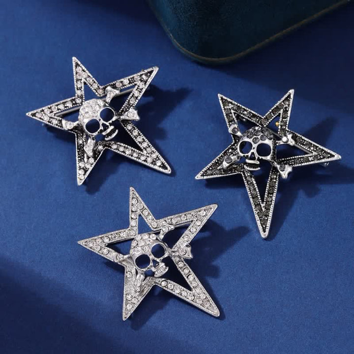 Pentagram Skull Bone Rhinestone Brooch - image 2