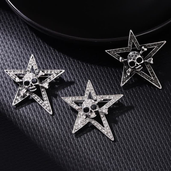Pentagram Skull Bone Rhinestone Brooch - image 0