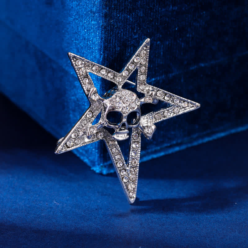 Pentagram Skull Bone Rhinestone Brooch - White - image 3
