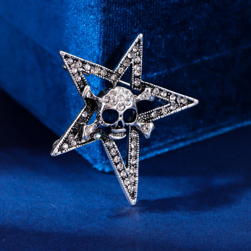 Pentagram Skull Bone Rhinestone Brooch - Silver - image 1