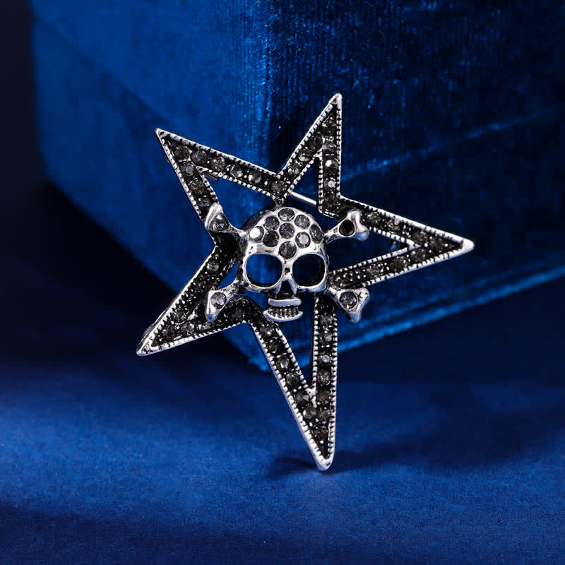 Pentagram Skull Bone Rhinestone Brooch - Black - image 4