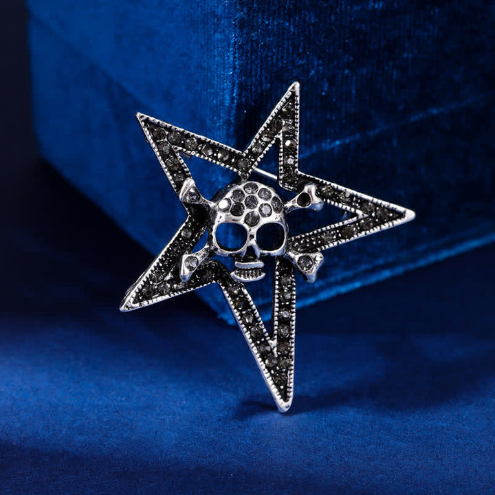 Pentagram Skull Bone Rhinestone Brooch - Black - image 4