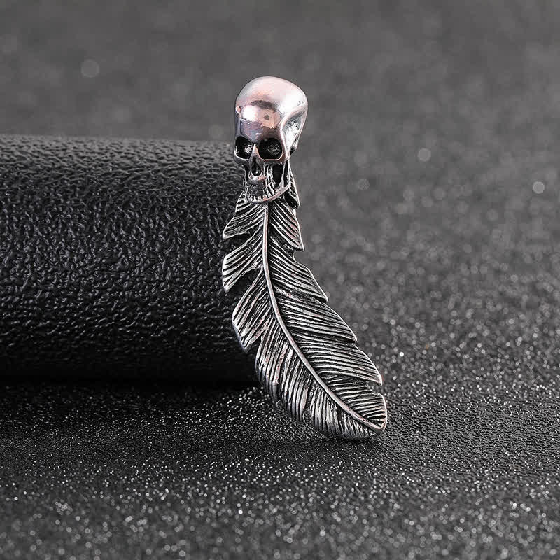 Cool Hip Hop Skull Head & Feather Brooch - Antique Silver - image 3