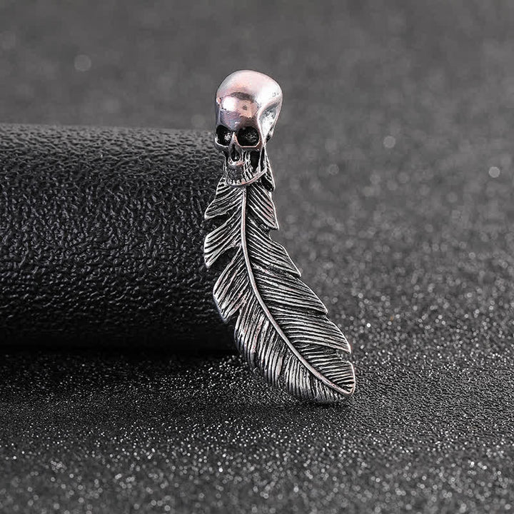 Cool Hip Hop Skull Head & Feather Brooch - Antique Silver - image 3
