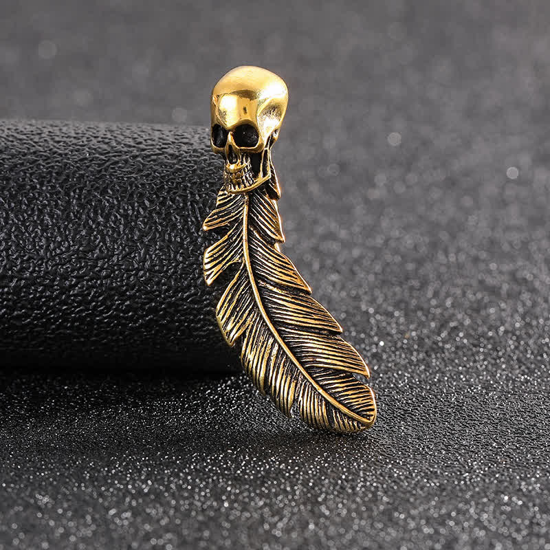 Cool Hip Hop Skull Head & Feather Brooch - Antique Gold - image 0