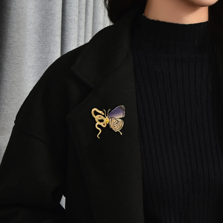 Women's Purple Embroidery Butterfly & Gold Snake Brooch - image 5