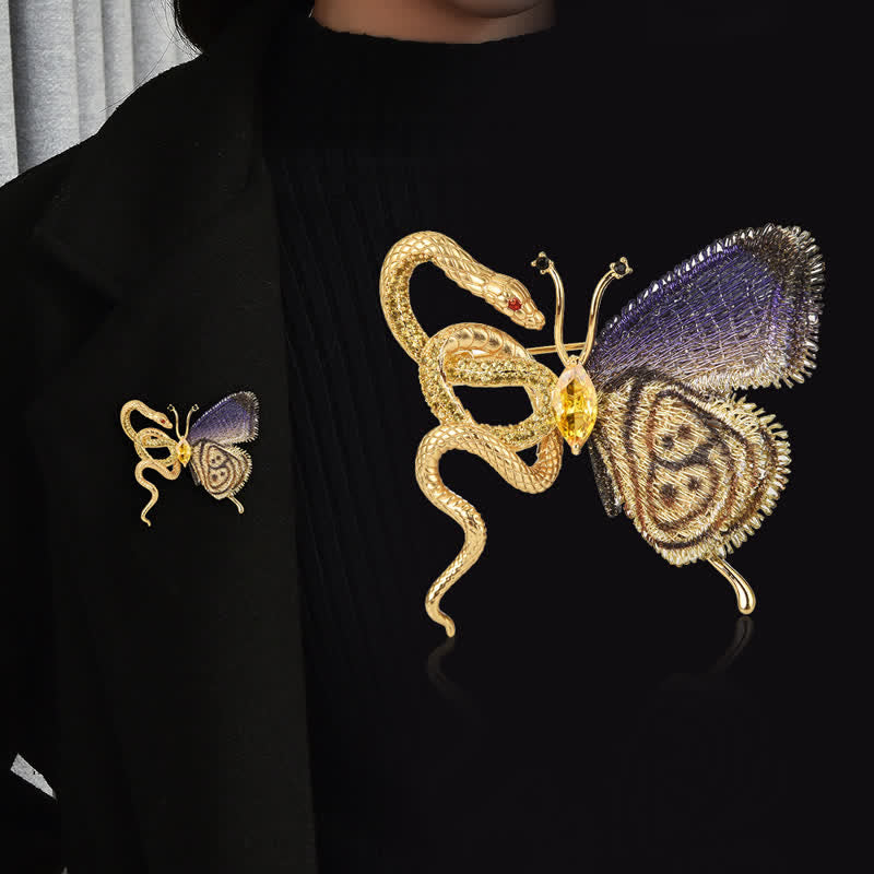 Women's Purple Embroidery Butterfly & Gold Snake Brooch - Gold - image 0