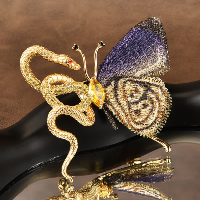 Women's Purple Embroidery Butterfly & Gold Snake Brooch - image 1