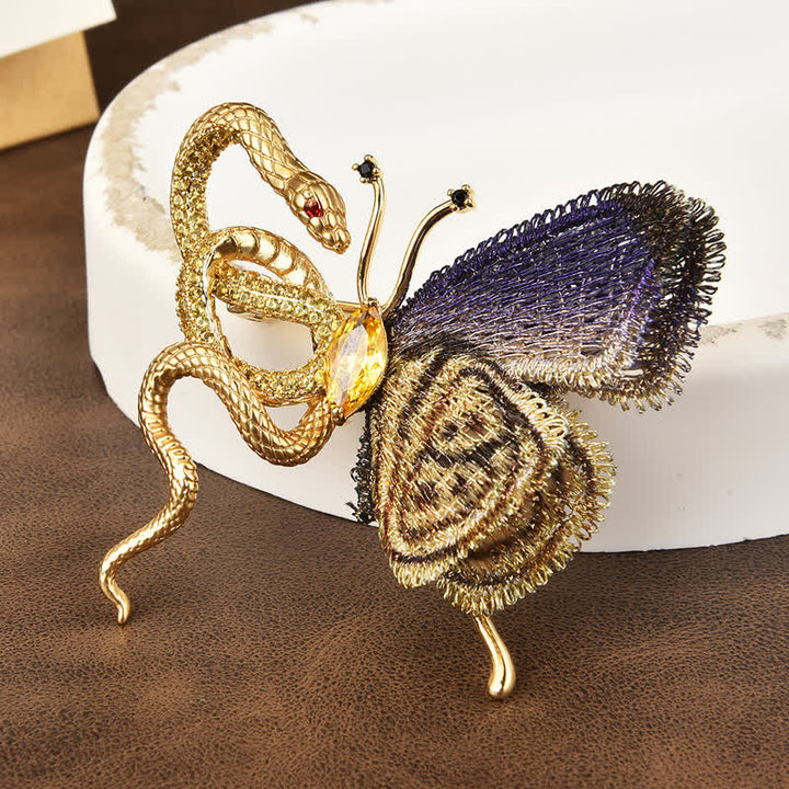 Women's Purple Embroidery Butterfly & Gold Snake Brooch - image 2