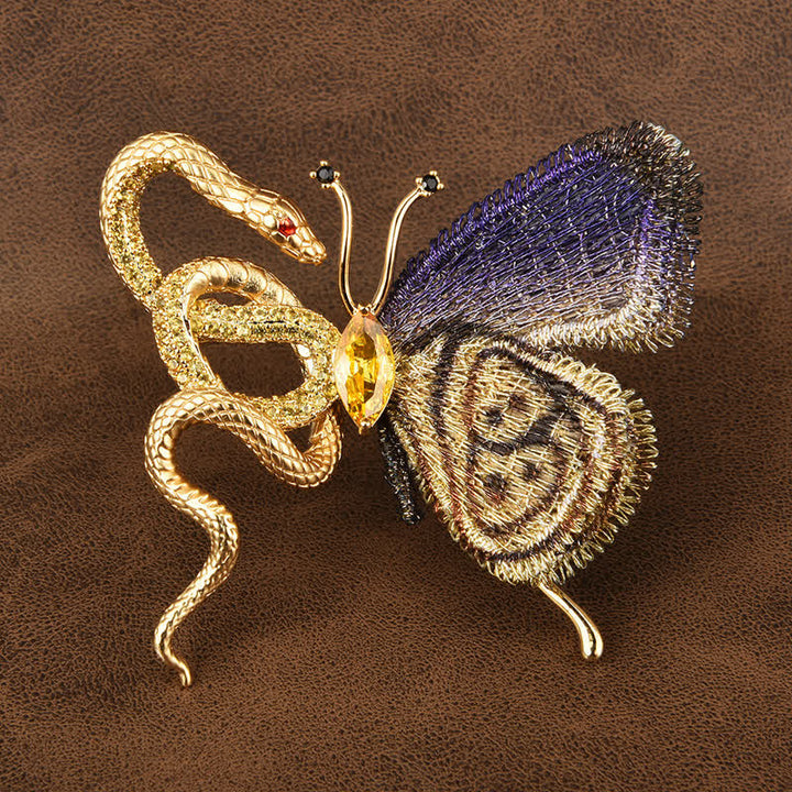 Women's Purple Embroidery Butterfly & Gold Snake Brooch - image 3