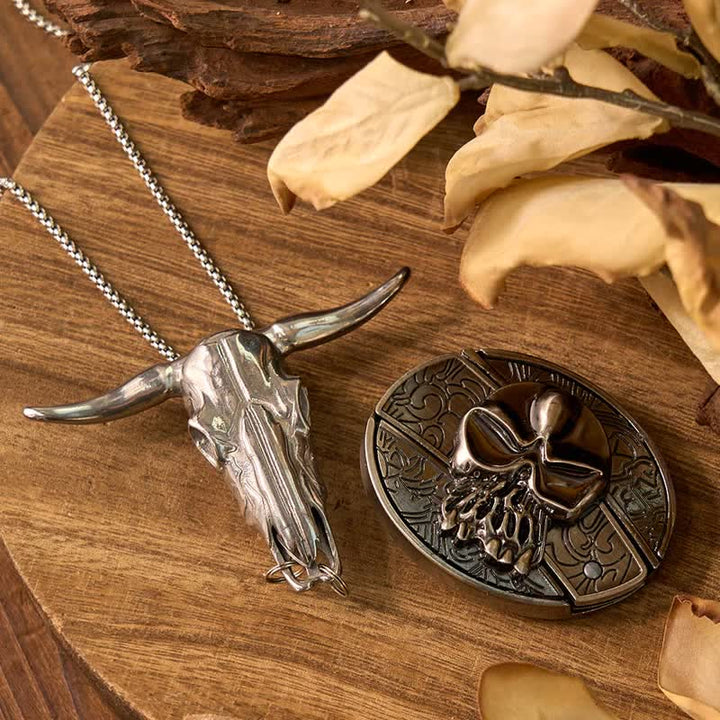 Skull DIY Hidden Knife Belt Buckle Longhorn Pendant Cow Bolo Tie Bundle Set  - image 1