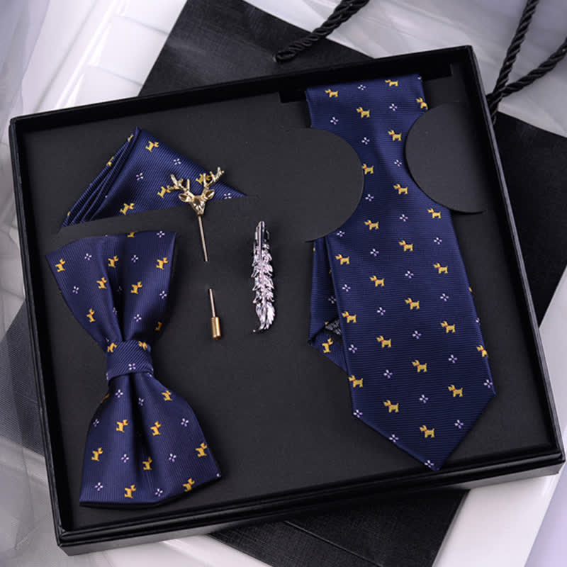 5Pcs Men's Navy Puppy Motifs Bow Ties Gift Box - Navy - image 0