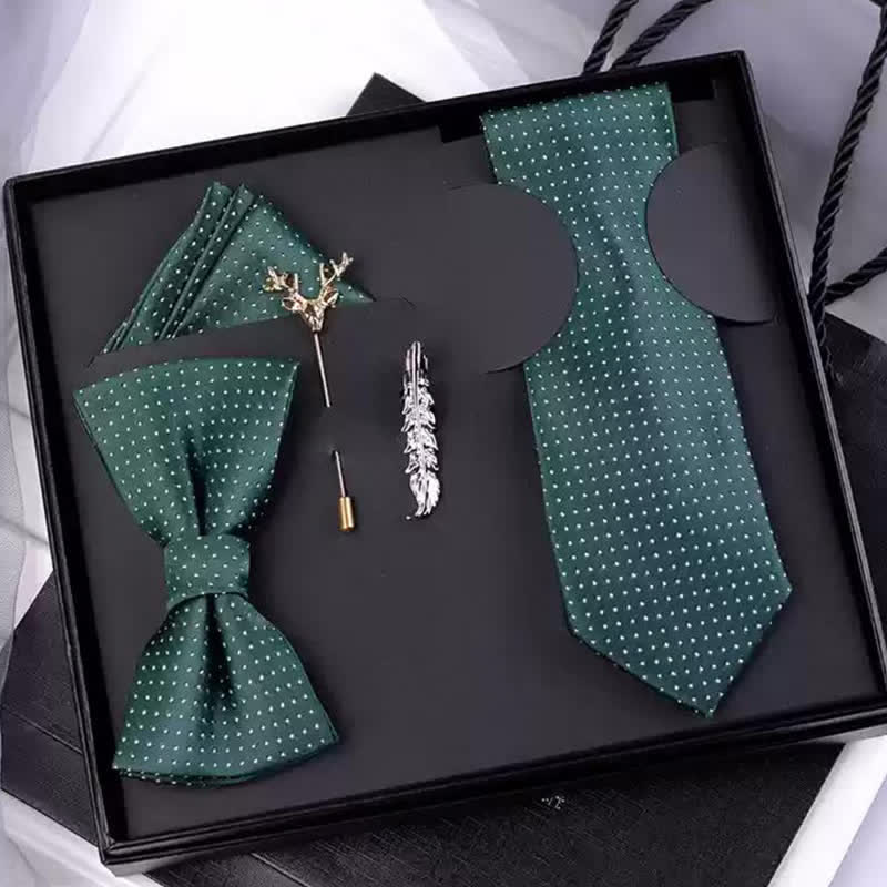 5Pcs Men's Dark Green White Polka Dots Bow Ties Gift Box - Dark Green - image 0