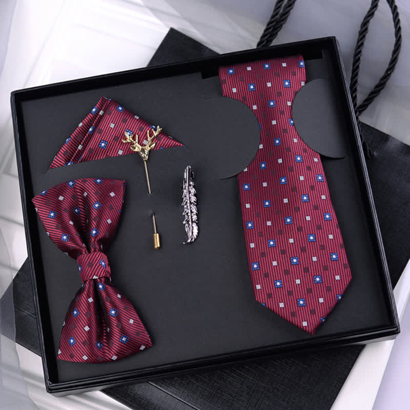 5Pcs Men's Burgundy Square Dots Bow Ties Gift Box - Burgundy - image 0