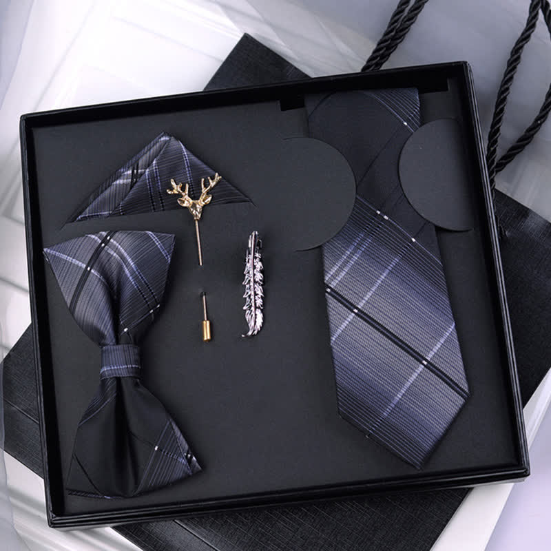 5Pcs Men's Black & Gray Gradient Plaid Bow Ties Gift Box - Black & Gray - image 0