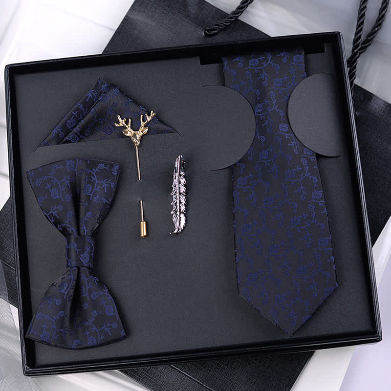 5Pcs Men's  Black & Dark Blue Floral Bow Ties Gift Box - Black & Dark Gray - image 0