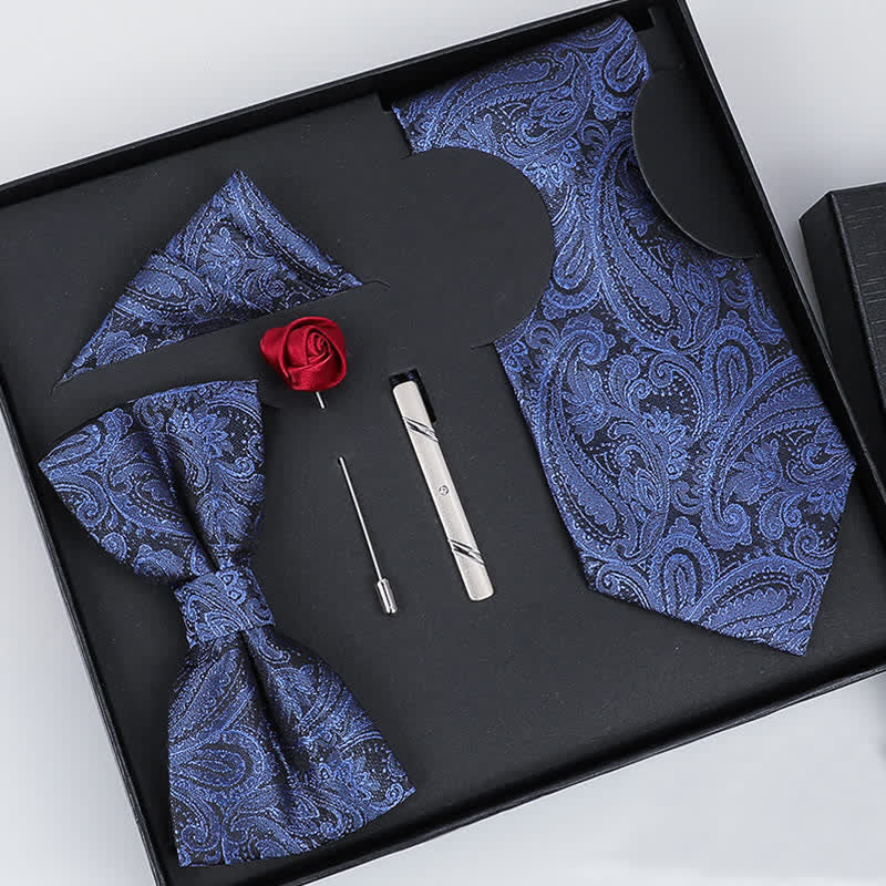 5Pcs Men's Luxurious Blue & Black Paisley Bow Ties Gift Box - Blue & Black - image 0