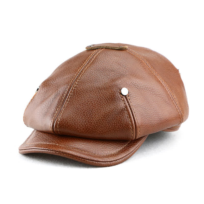 Chic Artist Painter Look Rivets Leather Beret Hat - Lighter Brown - L (23 1/4"-23 5/8") - image 0