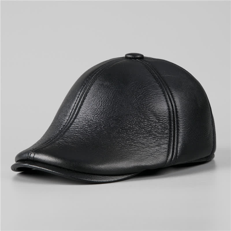 Black Ivy Cap Warm Earmuffs Leather Beret Hat - Black - L (23 1/4"-23 5/8") - image 1